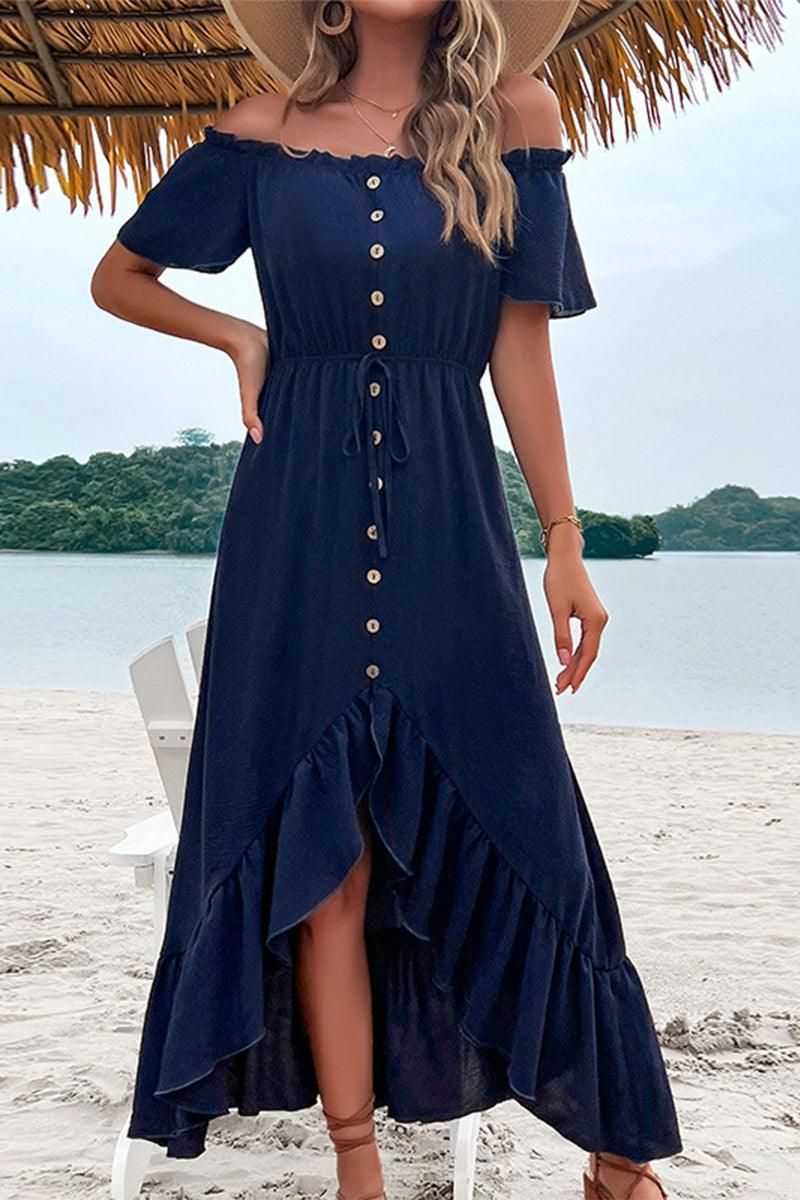 OFF SHOULDER BUTTONED DRESS - Doublju