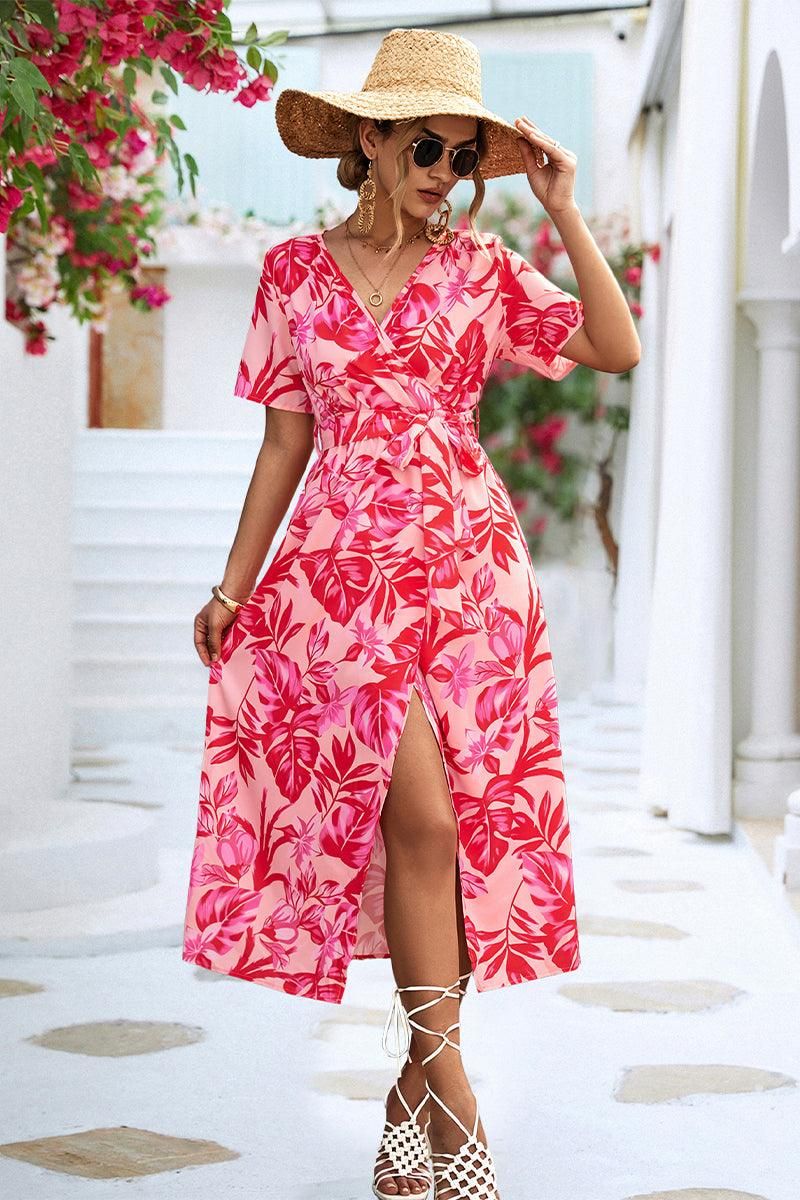 FLORAL PRINTING WRAP STYLE WOMEN DRESS - Doublju