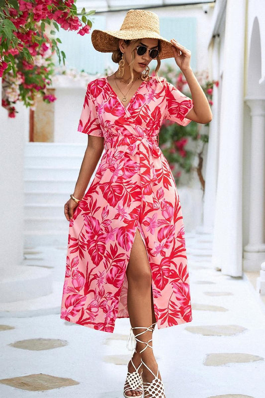 FLORAL PRINTING WRAP STYLE WOMEN DRESS - Doublju