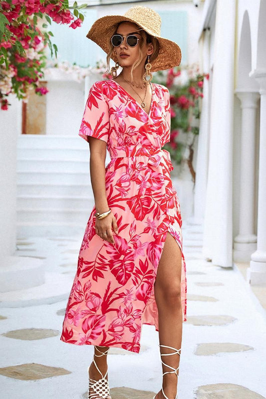 FLORAL PRINTING WRAP STYLE WOMEN DRESS - Doublju