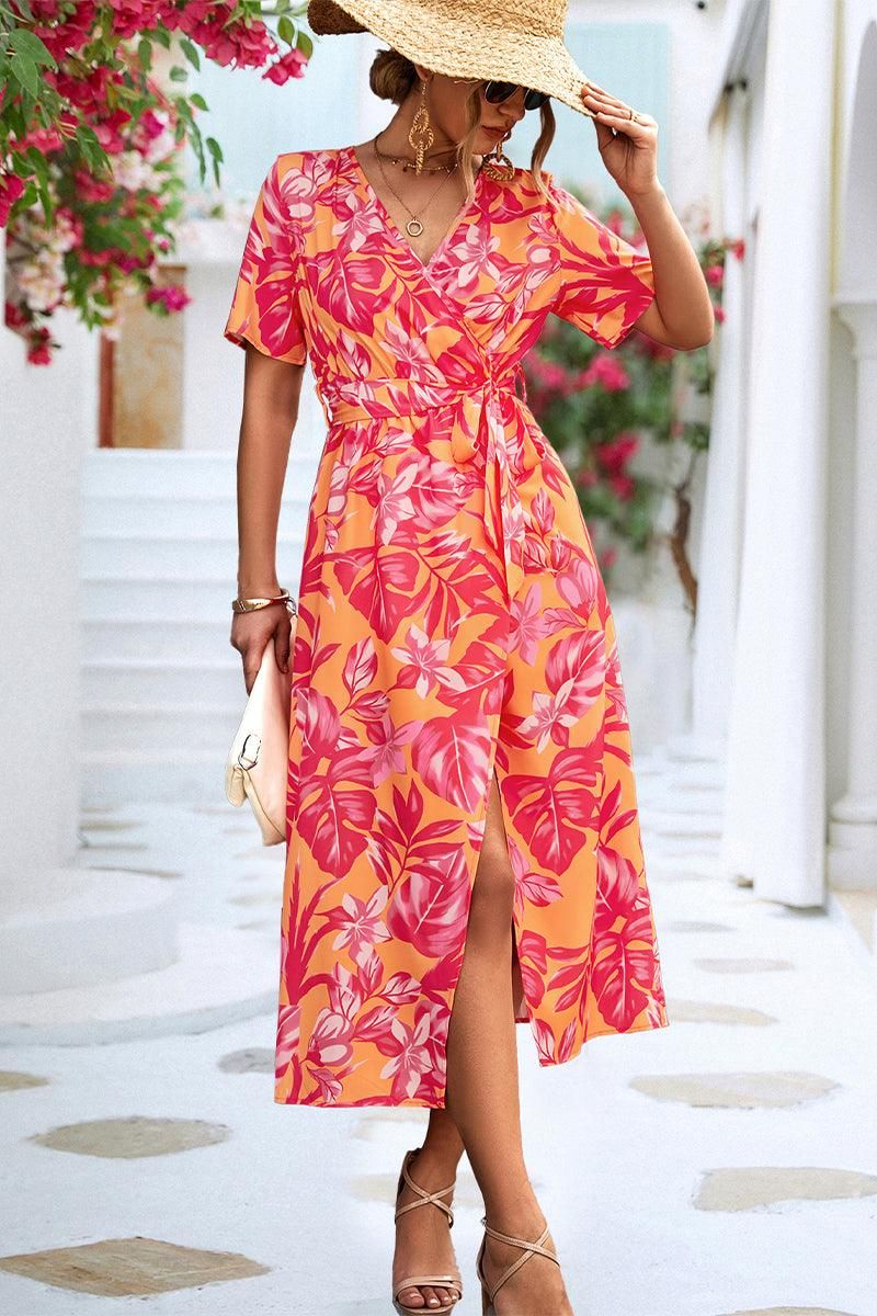 FLORAL PRINTING WRAP STYLE WOMEN DRESS - Doublju