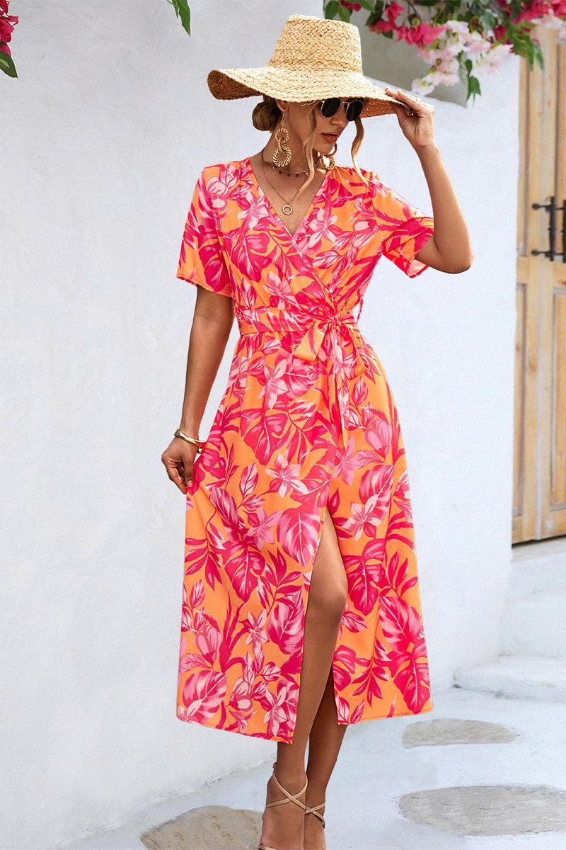 FLORAL PRINTING WRAP STYLE WOMEN DRESS - Doublju