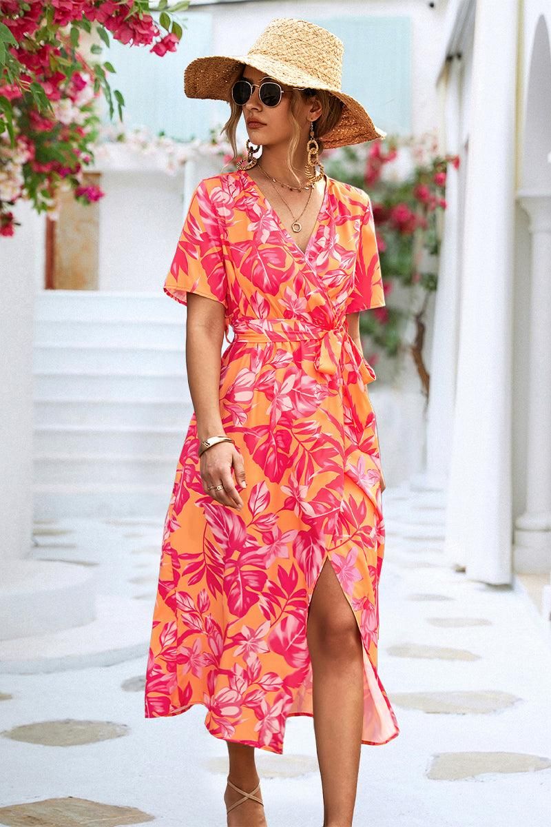 FLORAL PRINTING WRAP STYLE WOMEN DRESS - Doublju