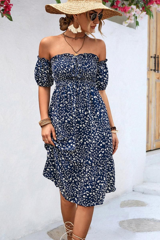 PATTERNED OFF SHOULDER PUFF SLEEVE DRESS - Doublju