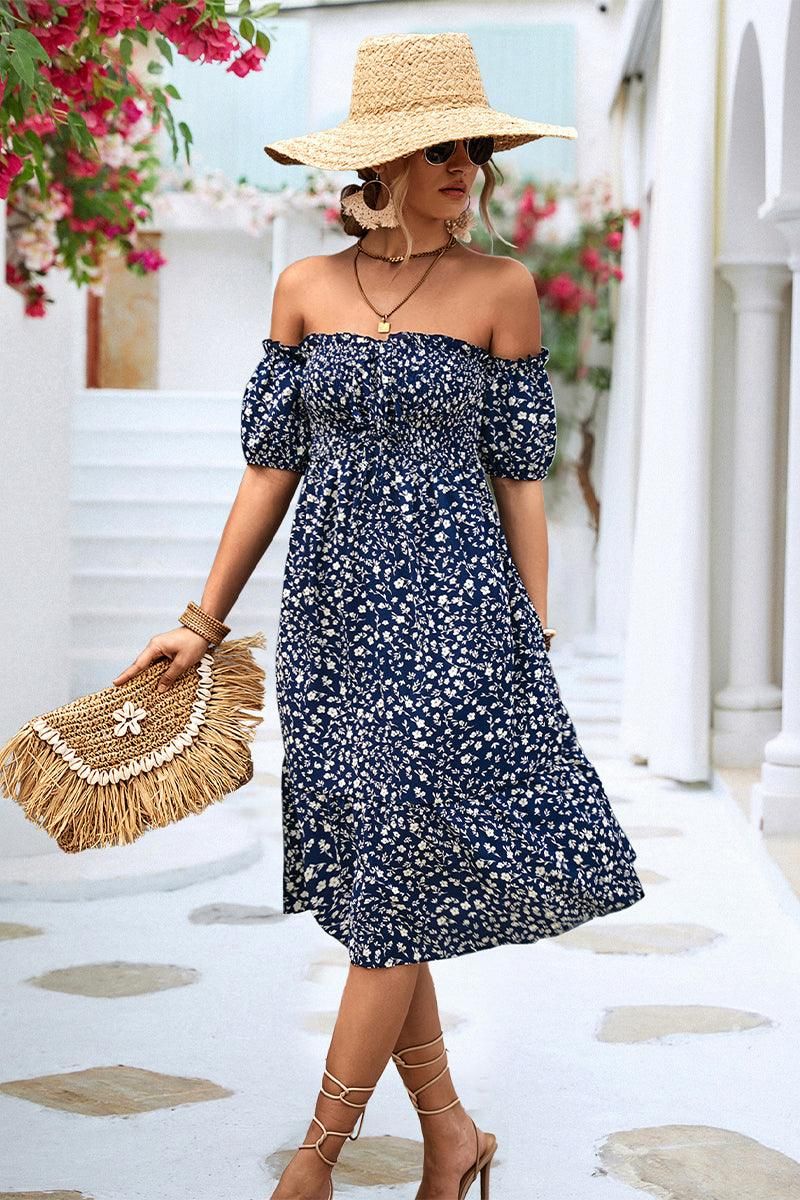 PATTERNED OFF SHOULDER PUFF SLEEVE DRESS - Doublju