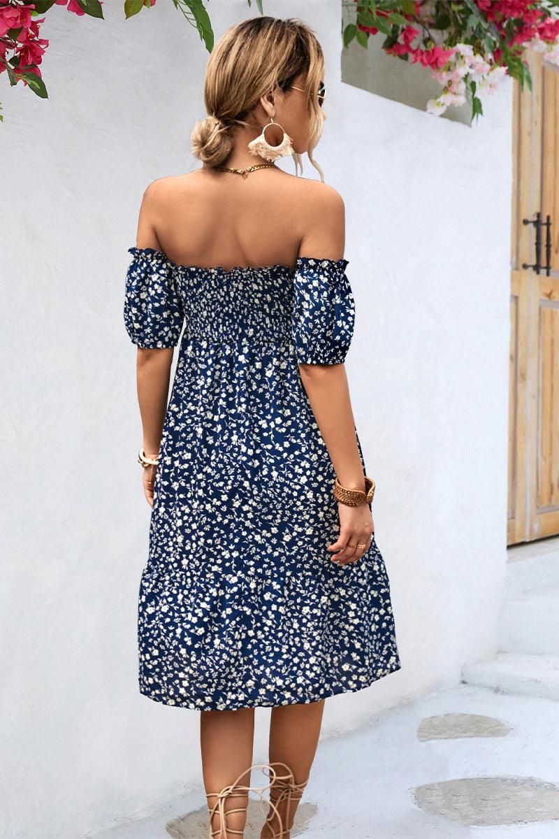 PATTERNED OFF SHOULDER PUFF SLEEVE DRESS - Doublju