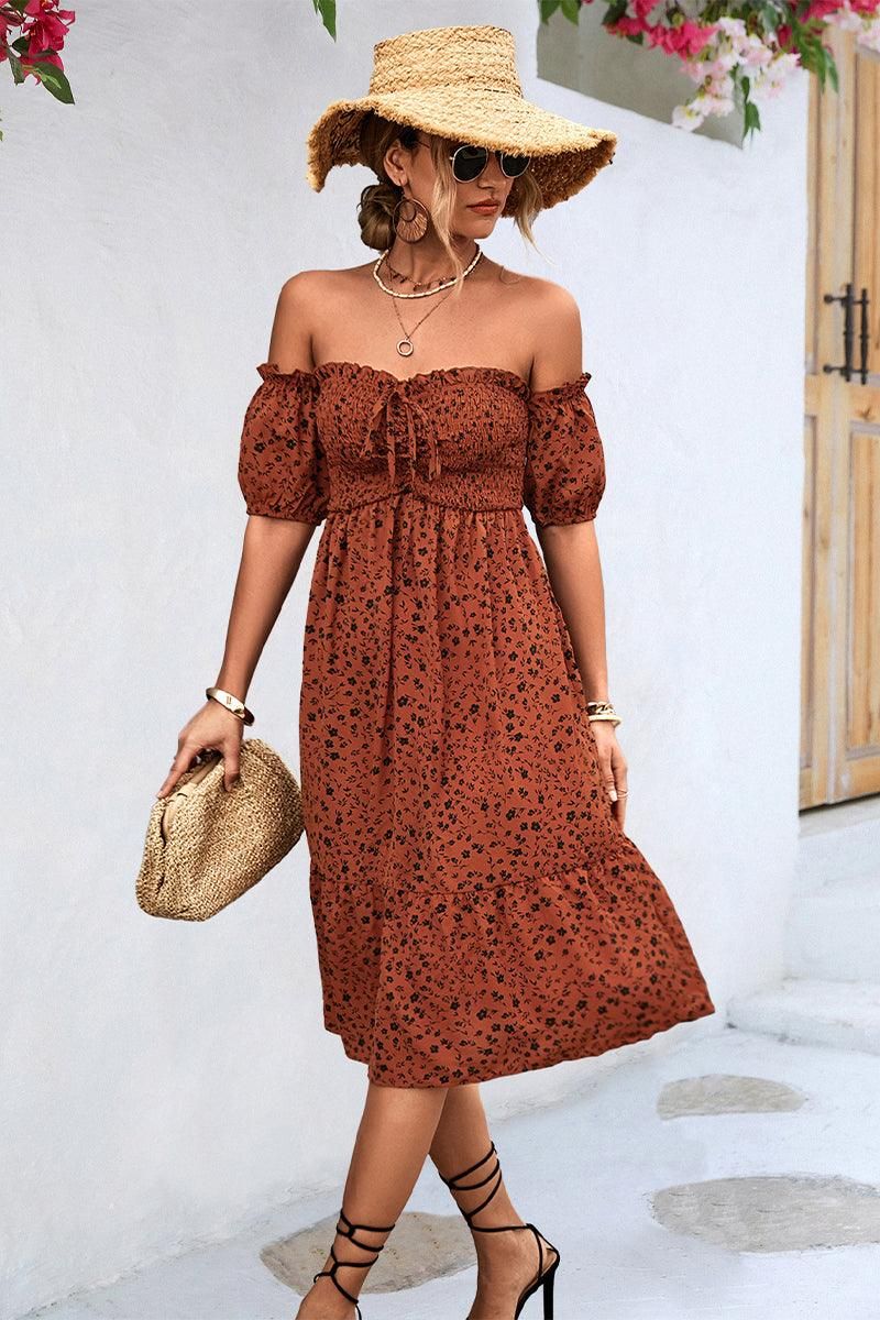 PATTERNED OFF SHOULDER PUFF SLEEVE DRESS - Doublju