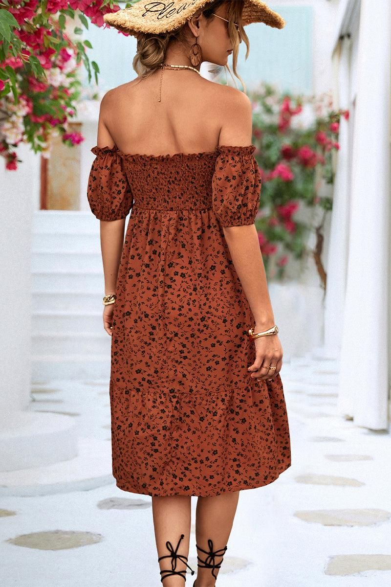 PATTERNED OFF SHOULDER PUFF SLEEVE DRESS - Doublju