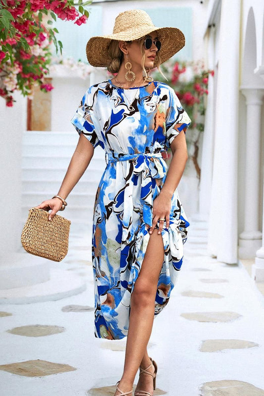 MARBLE PRINTING WAIST TIED WOMEN MIDI DRESS - Doublju