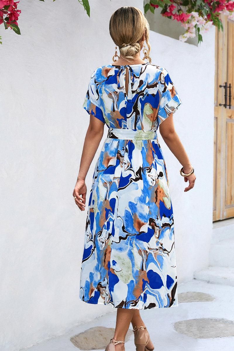 MARBLE PRINTING WAIST TIED WOMEN MIDI DRESS - Doublju