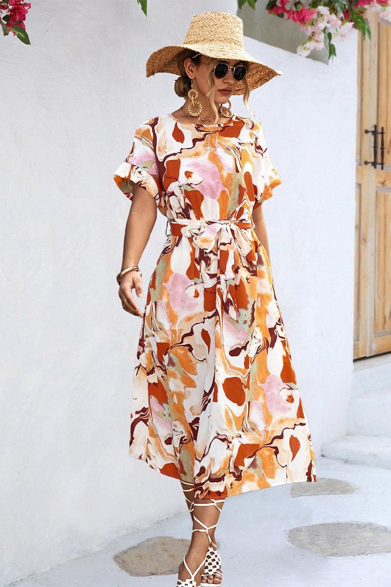 MARBLE PRINTING WAIST TIED WOMEN MIDI DRESS - Doublju