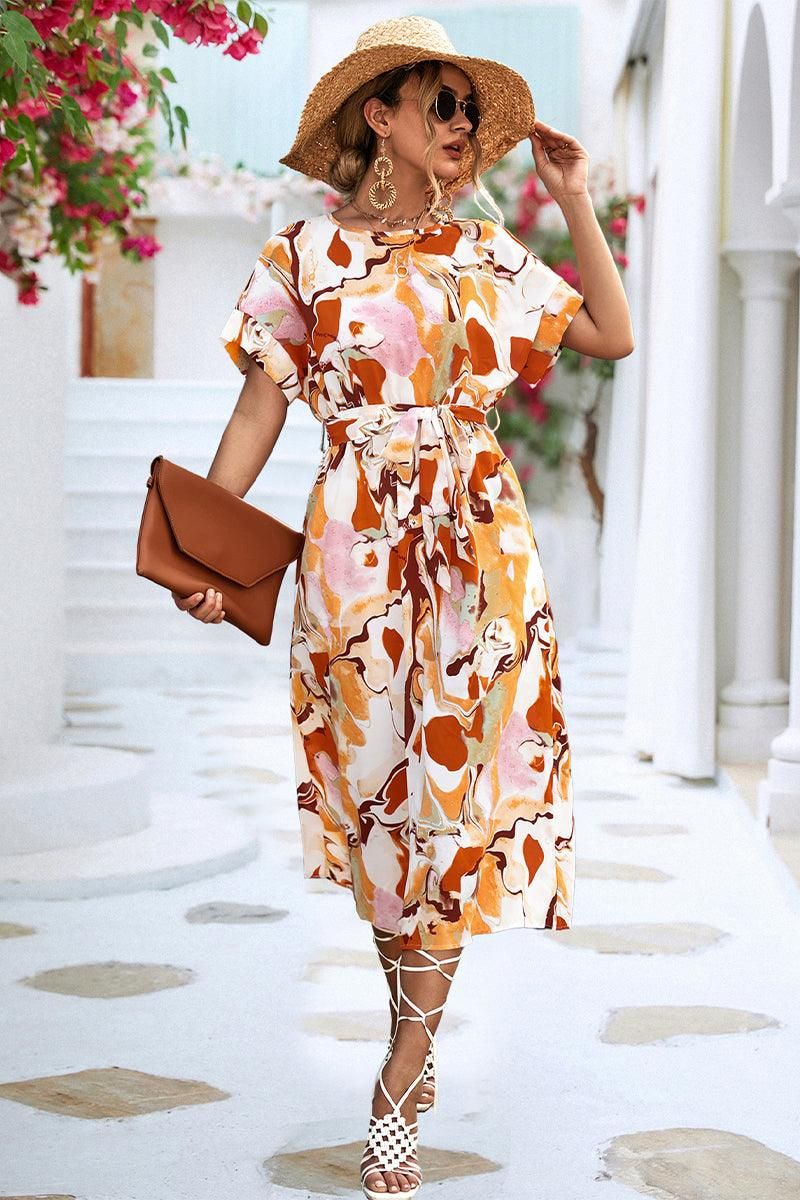MARBLE PRINTING WAIST TIED WOMEN MIDI DRESS - Doublju