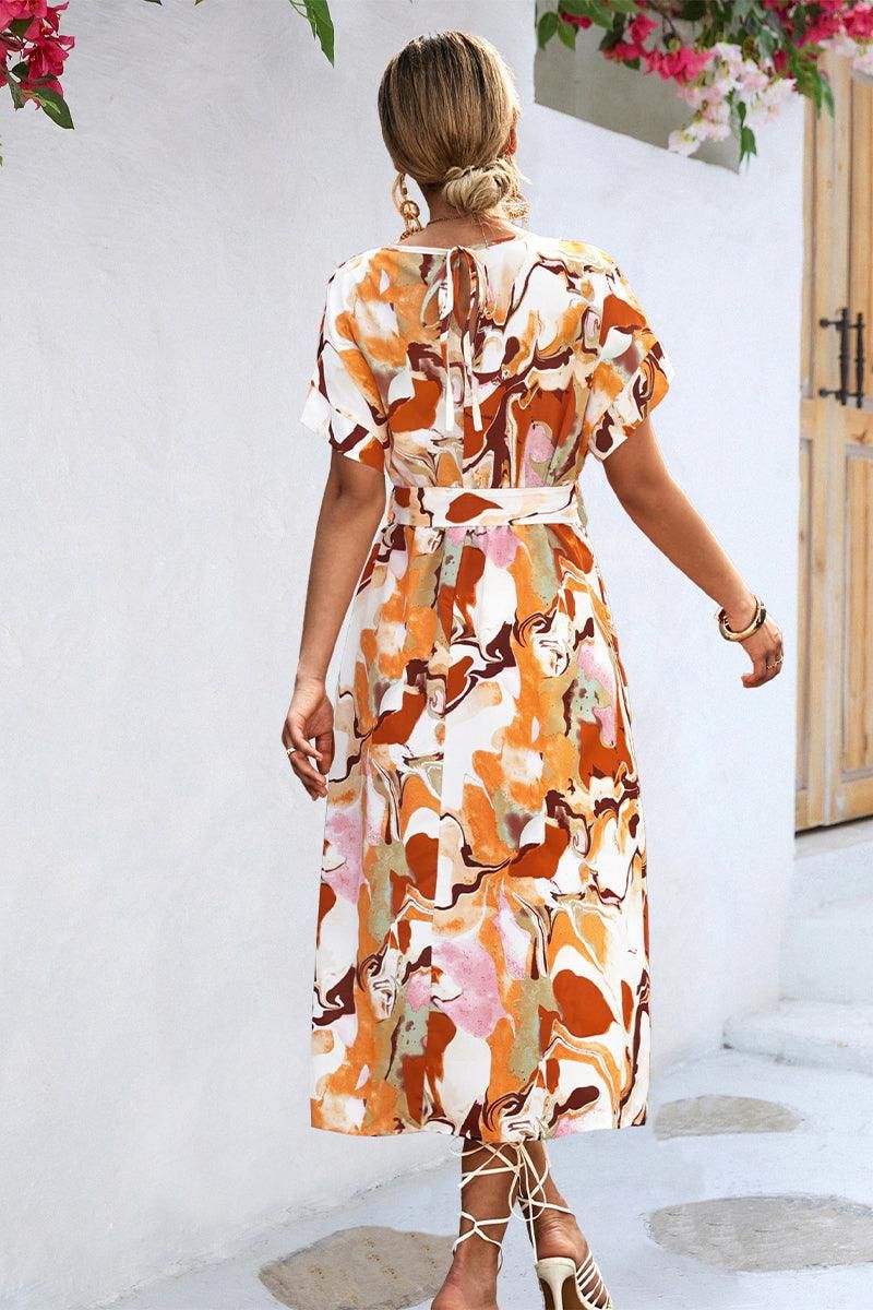MARBLE PRINTING WAIST TIED WOMEN MIDI DRESS - Doublju