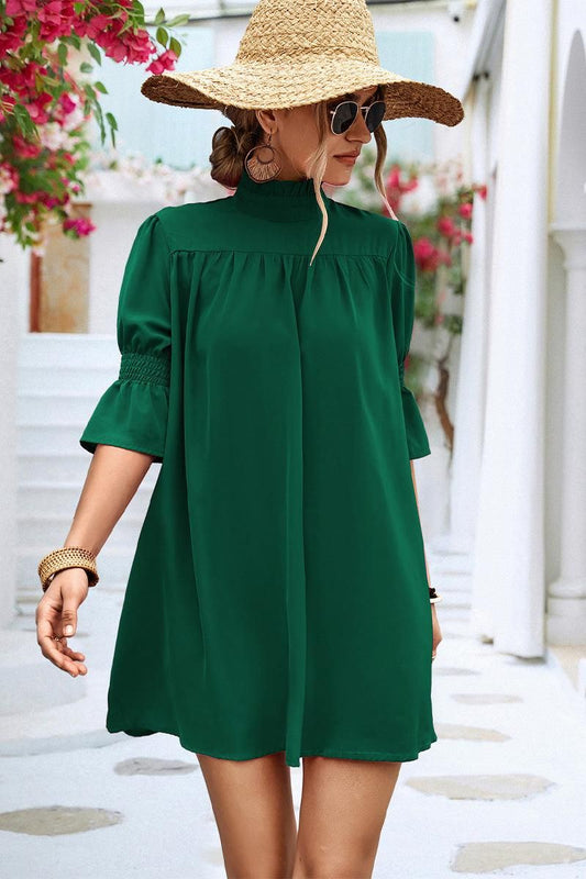 RUFFLE SLEEVE HIGH NECK WOMEN DAILY DRESS - Doublju