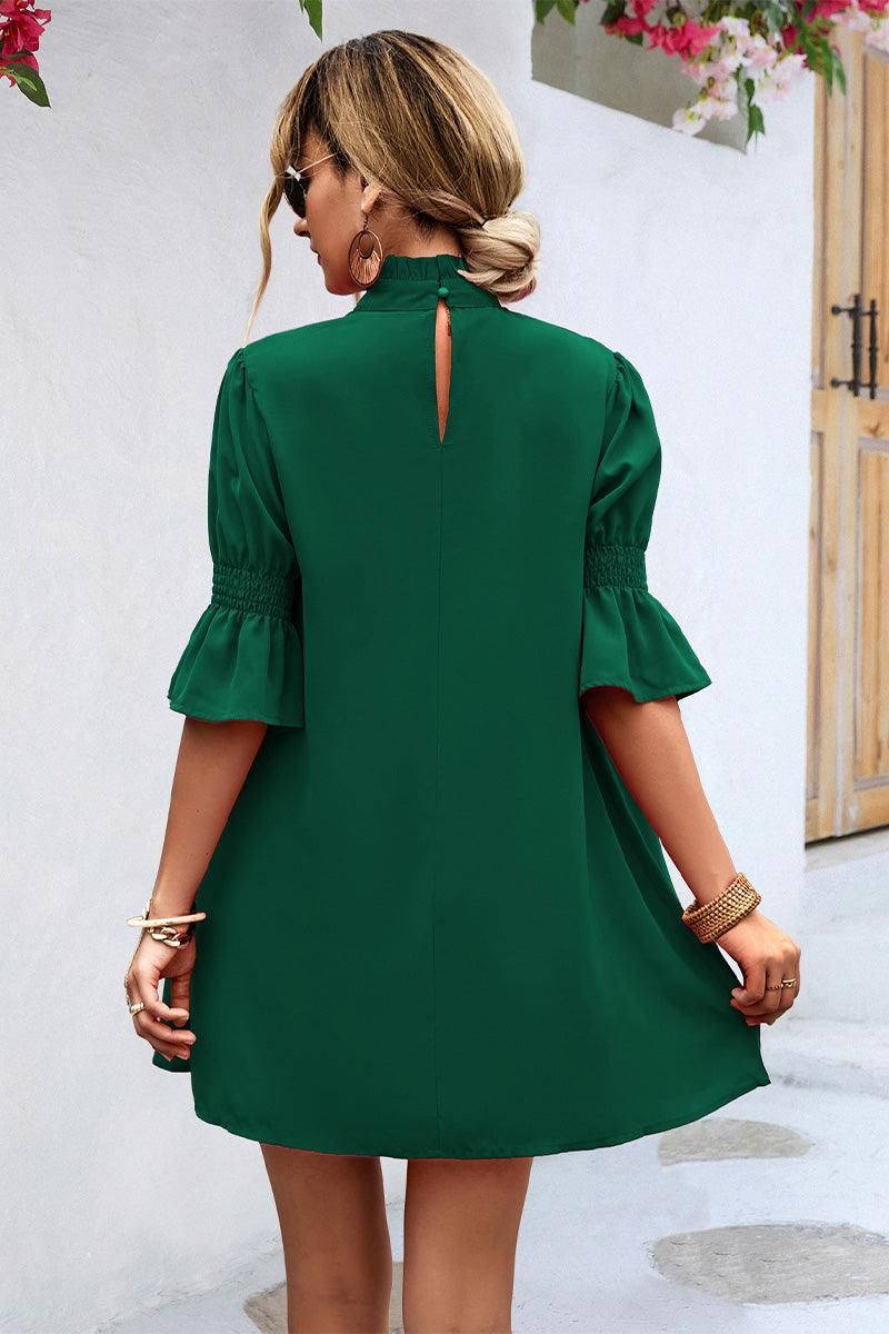 RUFFLE SLEEVE HIGH NECK WOMEN DAILY DRESS - Doublju