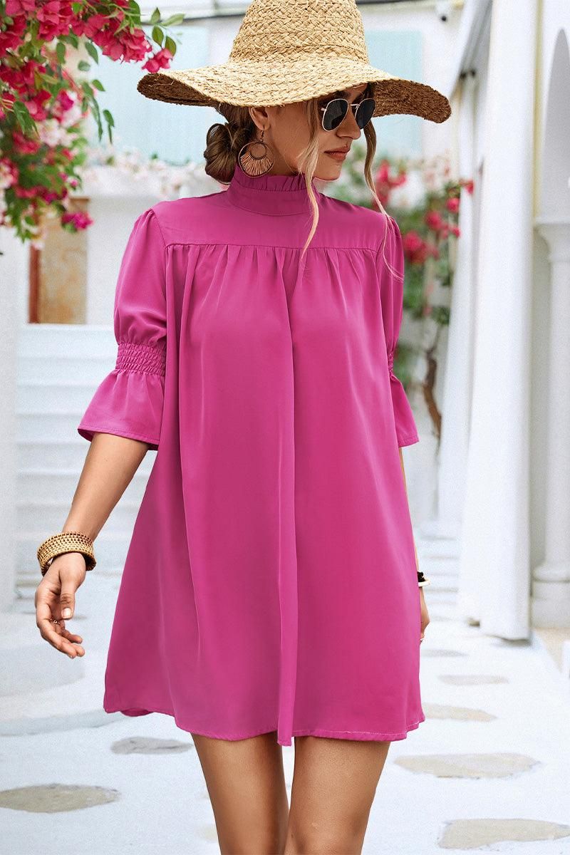 RUFFLE SLEEVE HIGH NECK WOMEN DAILY DRESS - Doublju