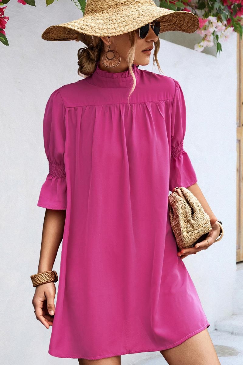 RUFFLE SLEEVE HIGH NECK WOMEN DAILY DRESS - Doublju