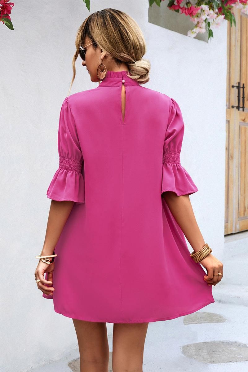 RUFFLE SLEEVE HIGH NECK WOMEN DAILY DRESS - Doublju