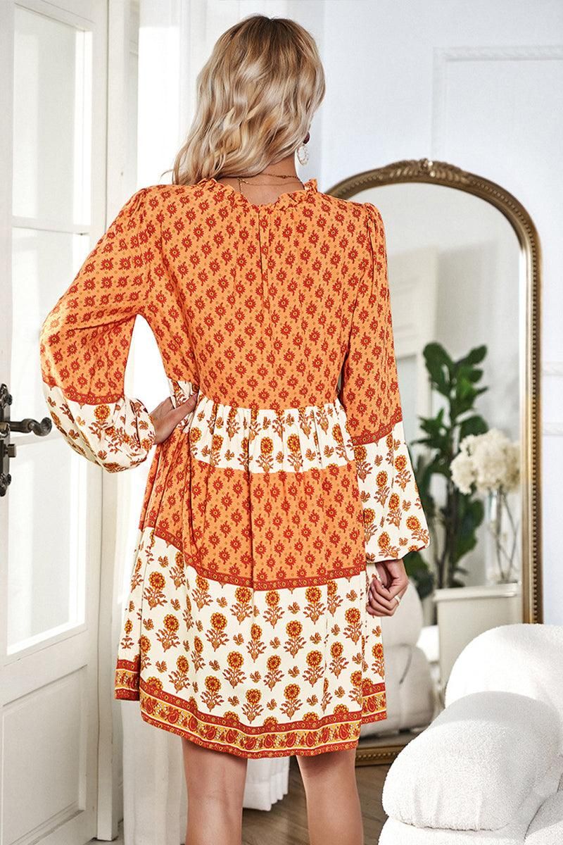 V NECK DRESS WITH SUNFLOWER PATTERN - Doublju