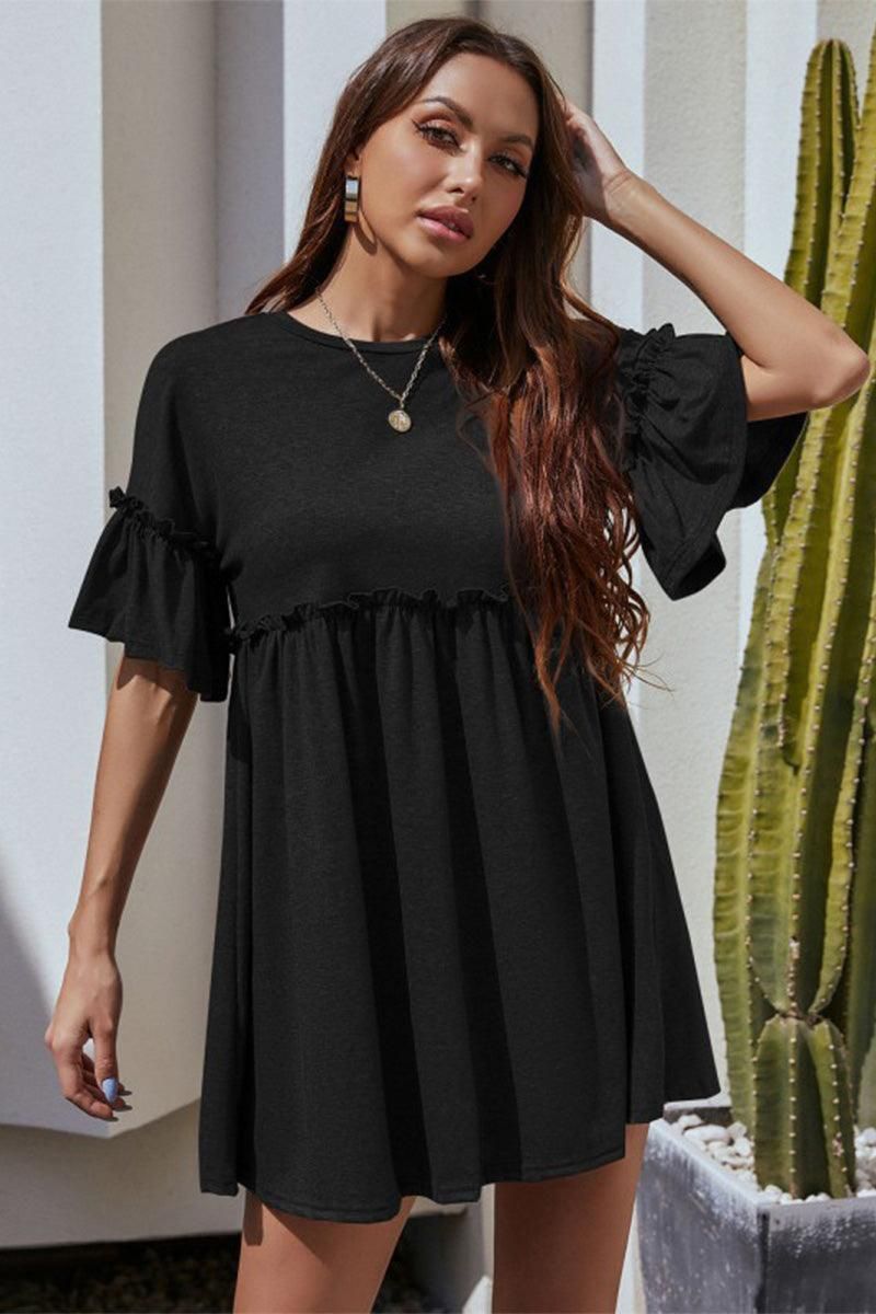 WOMEN SHIRRED CREWNECK MINI RUFFLE DRESS - Doublju