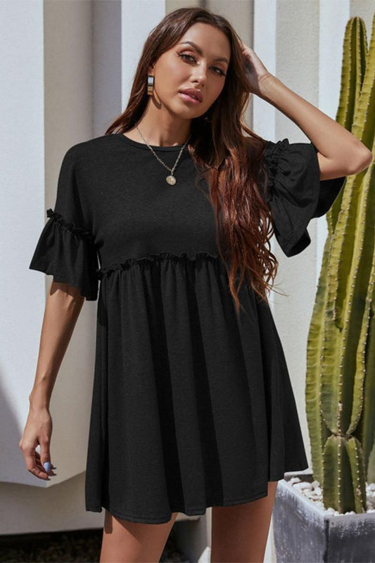 WOMEN SHIRRED CREWNECK MINI RUFFLE DRESS - Doublju