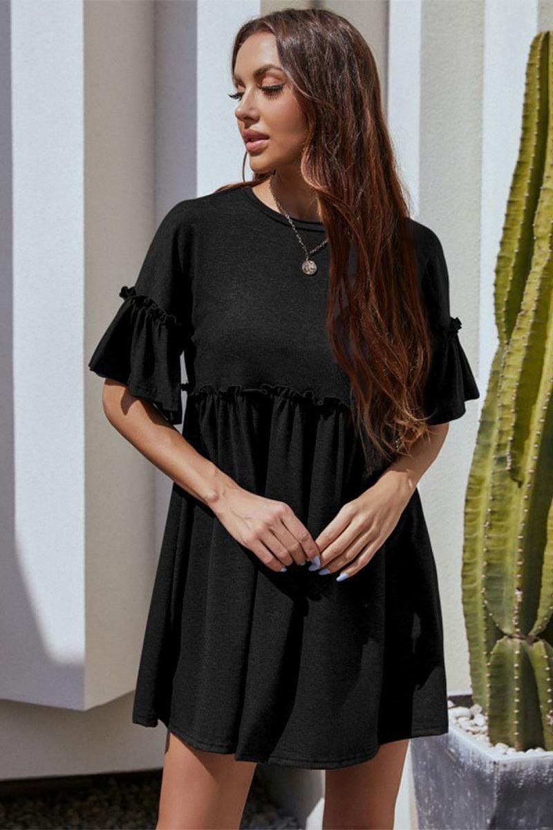 WOMEN SHIRRED CREWNECK MINI RUFFLE DRESS - Doublju