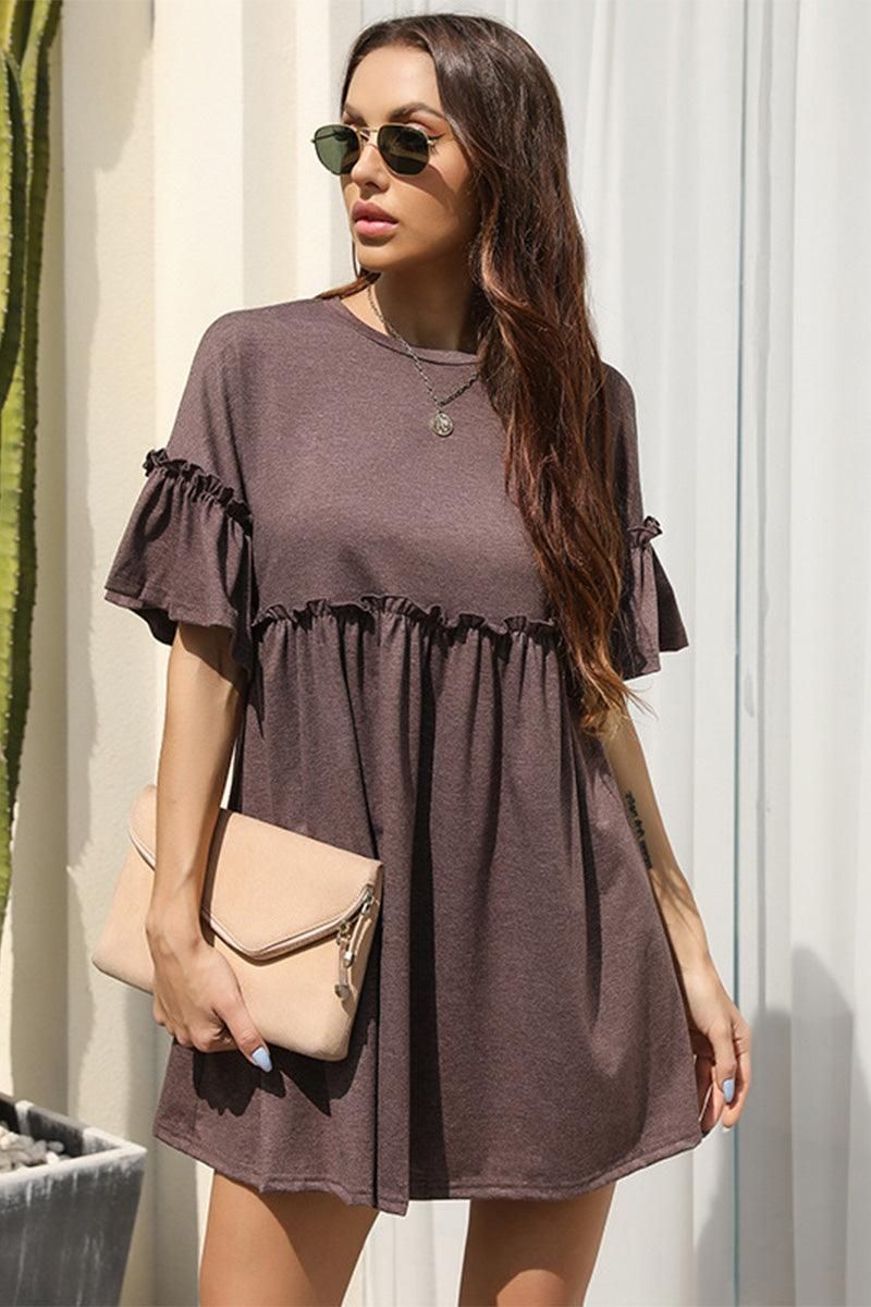 WOMEN SHIRRED CREWNECK MINI RUFFLE DRESS - Doublju