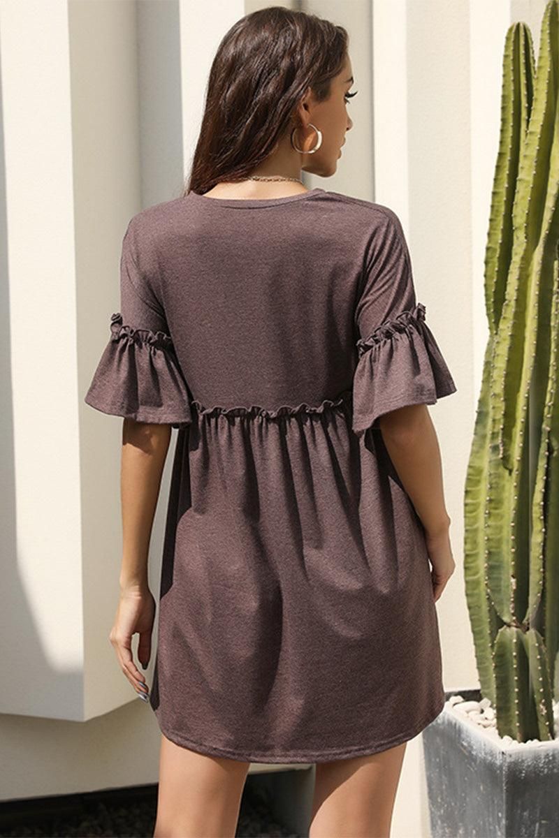 WOMEN SHIRRED CREWNECK MINI RUFFLE DRESS - Doublju