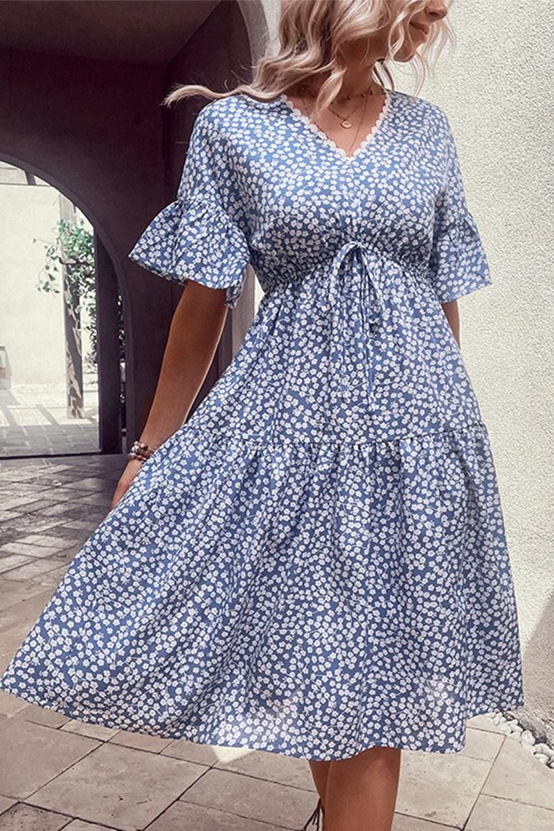 LACE TRIM V NECK EMPIRE WAIST FLORAL DRESS - Doublju