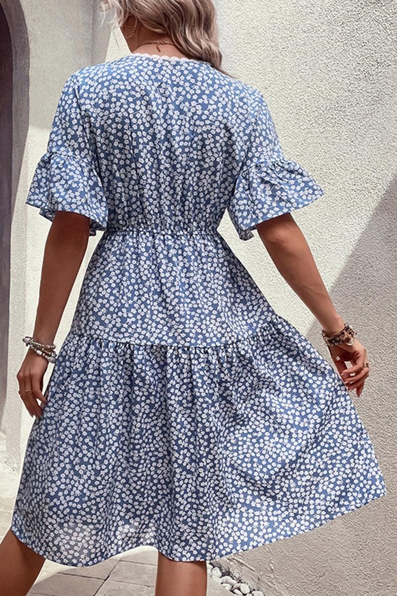 LACE TRIM V NECK EMPIRE WAIST FLORAL DRESS - Doublju