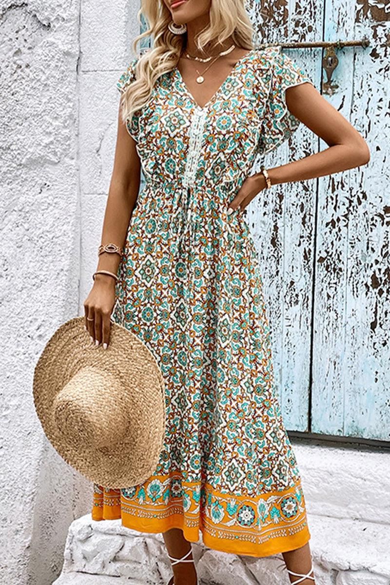 WOMEN LACE TRIM RUFFLE SLEEVE BOHO DRESS - Doublju