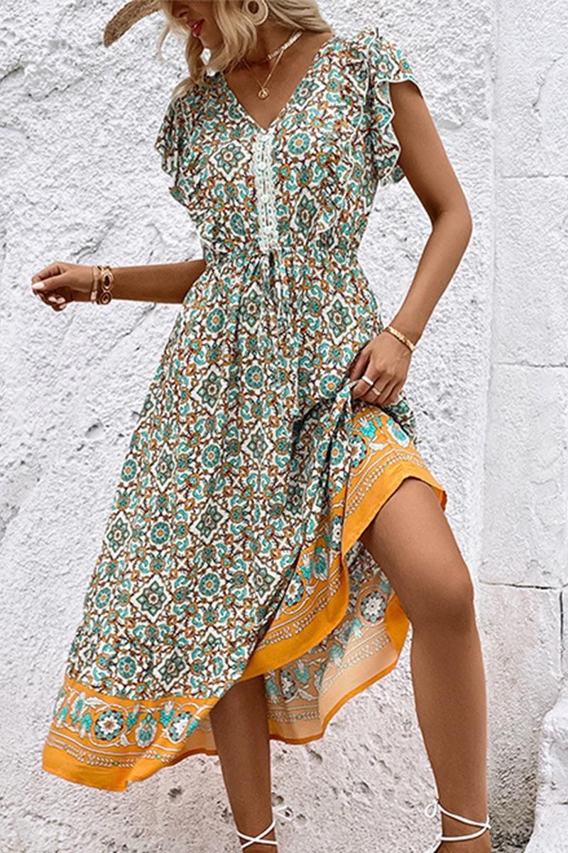 WOMEN LACE TRIM RUFFLE SLEEVE BOHO DRESS - Doublju