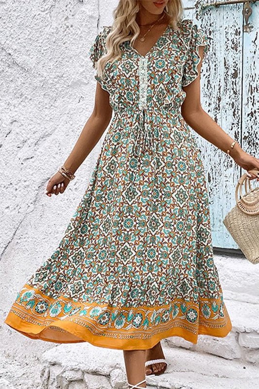 WOMEN LACE TRIM RUFFLE SLEEVE BOHO DRESS - Doublju