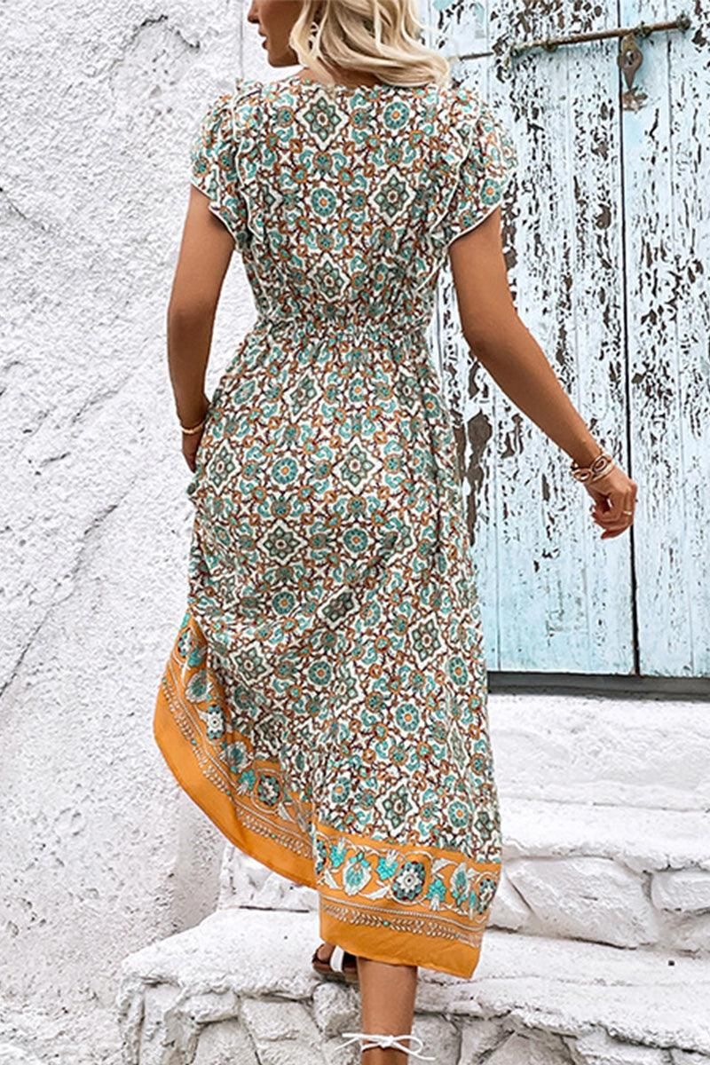 WOMEN LACE TRIM RUFFLE SLEEVE BOHO DRESS - Doublju