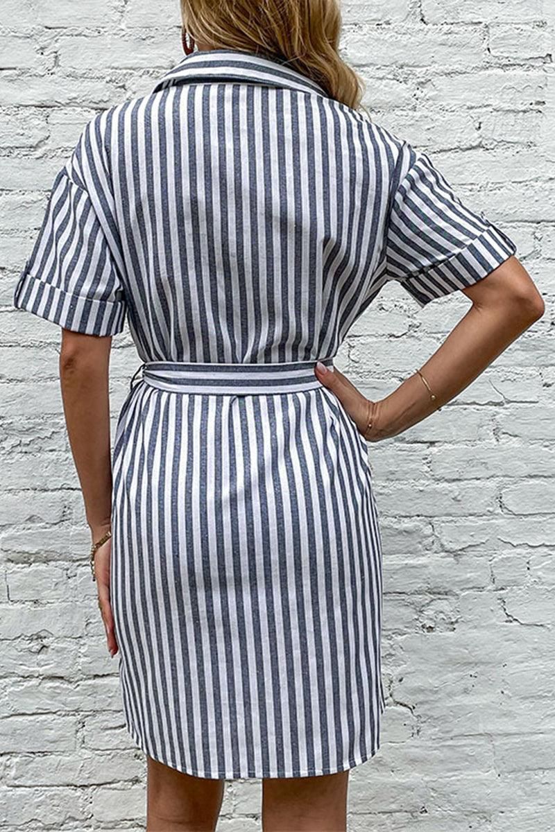 WOMEN BUTTON UP STRIPE SLIT DRESS - Doublju