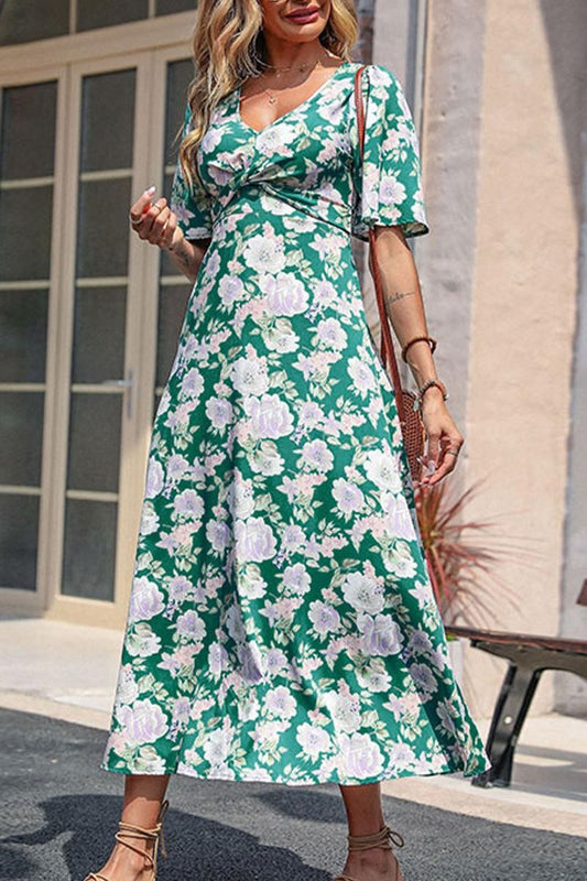 WOMEN HIGH EMPIRE WAIST FLORAL MAXI DRESS - Doublju