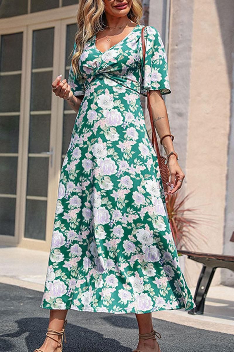 WOMEN HIGH EMPIRE WAIST FLORAL MAXI DRESS - Doublju