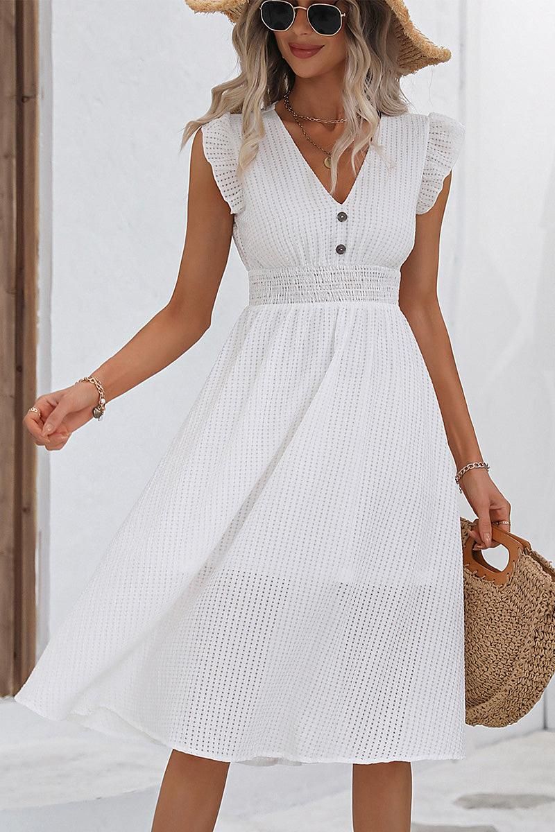 WOMEN FRILL ANGEL SLEEVE V NECK MESH MIDI DRESS - Doublju
