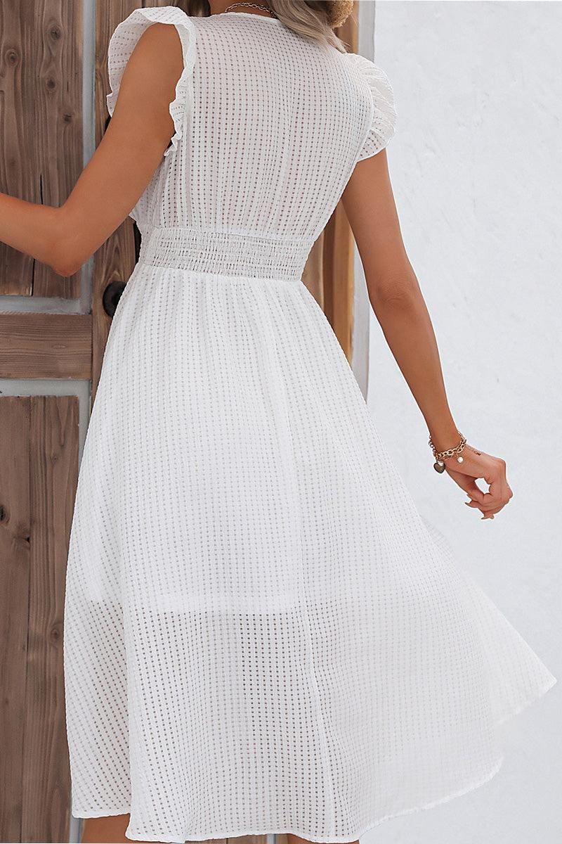 WOMEN FRILL ANGEL SLEEVE V NECK MESH MIDI DRESS - Doublju