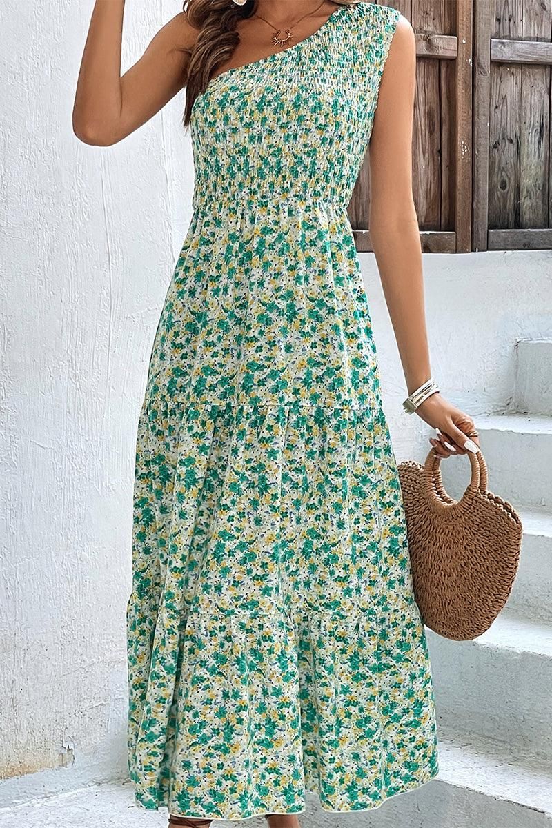 WOMEN SMOCKED WAIST ONE OFF SHOULDER BEACH DRESS - Doublju