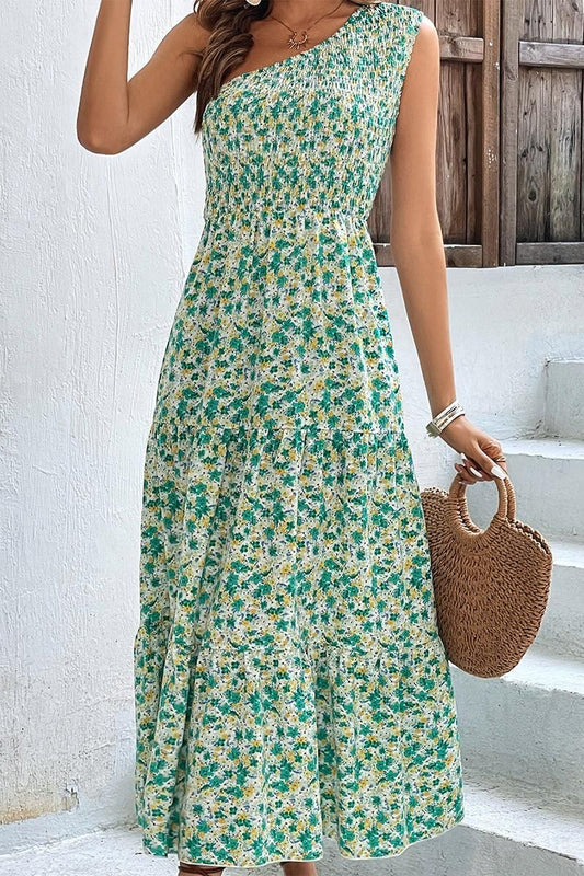 WOMEN SMOCKED WAIST ONE OFF SHOULDER BEACH DRESS - Doublju