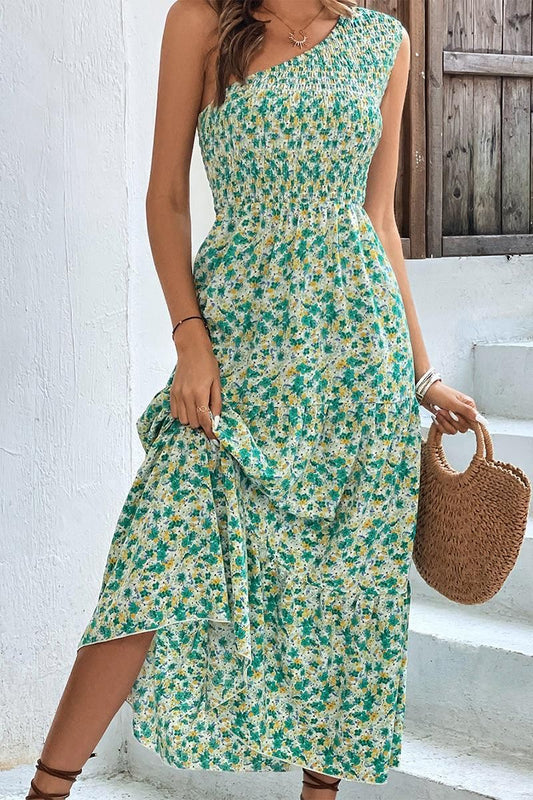 WOMEN SMOCKED WAIST ONE OFF SHOULDER BEACH DRESS - Doublju