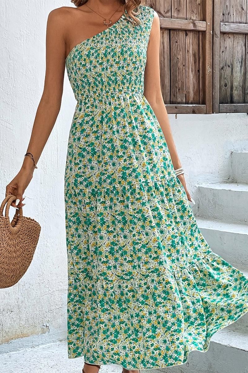 WOMEN SMOCKED WAIST ONE OFF SHOULDER BEACH DRESS - Doublju