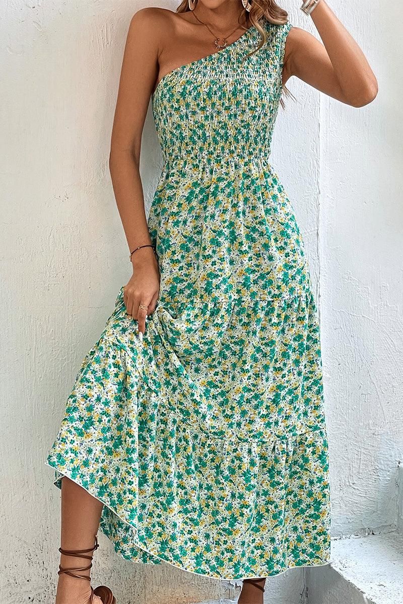 WOMEN SMOCKED WAIST ONE OFF SHOULDER BEACH DRESS - Doublju