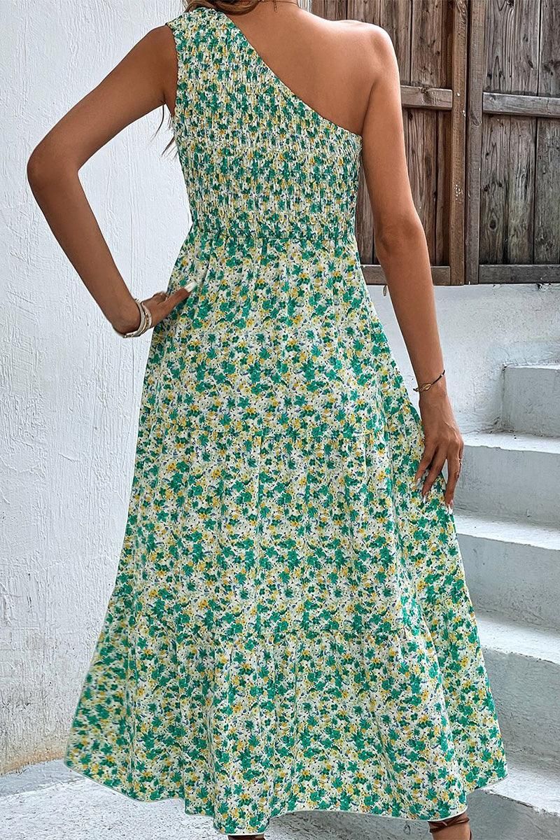WOMEN SMOCKED WAIST ONE OFF SHOULDER BEACH DRESS - Doublju