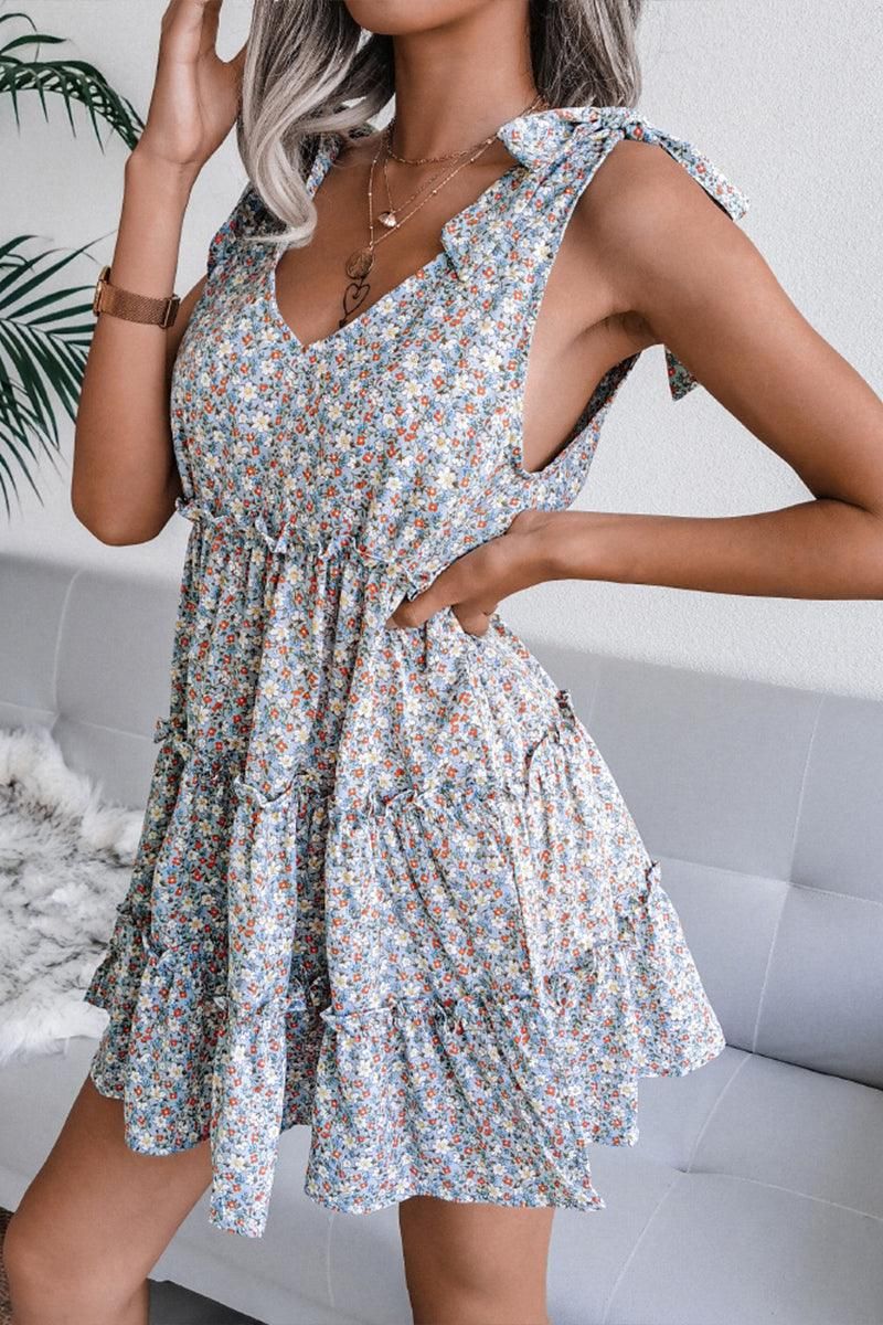 WOMEN SLEEVELESS TIED SHOULDER STRAP TIERED DRESS - Doublju