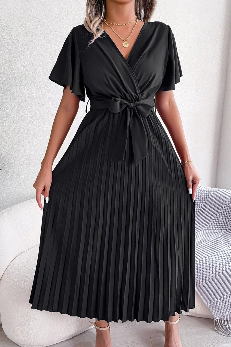 WOMEN CAPE SLEEVE TIED WAIST PLEATED LONG DRESS - Doublju