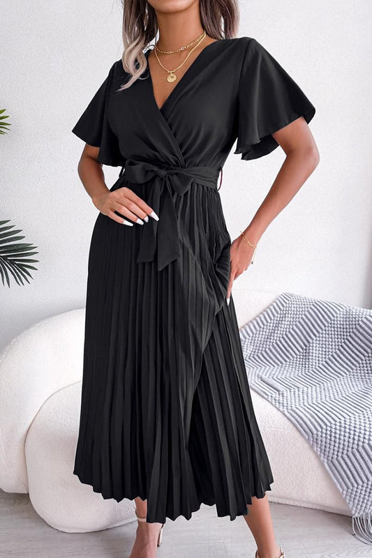 WOMEN CAPE SLEEVE TIED WAIST PLEATED LONG DRESS - Doublju