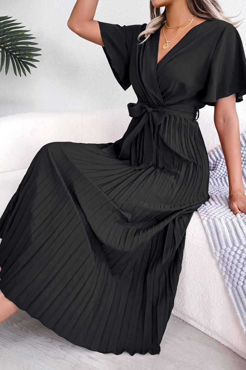 WOMEN CAPE SLEEVE TIED WAIST PLEATED LONG DRESS - Doublju