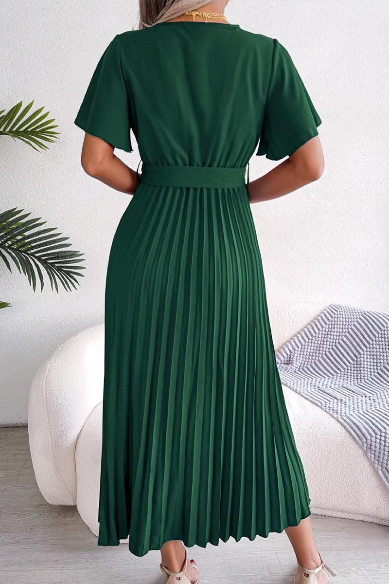 WOMEN CAPE SLEEVE TIED WAIST PLEATED LONG DRESS - Doublju